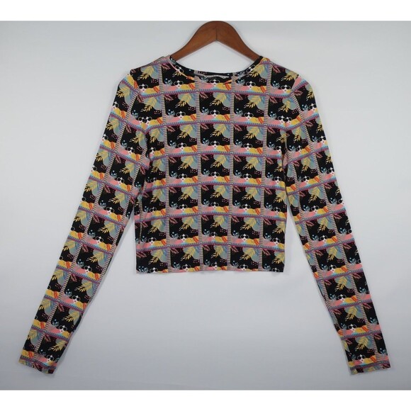 Alice & Olivia Delaina Stace Face Long Sleeve Crop Top All Ocer Print Multi M - Picture 4 of 12